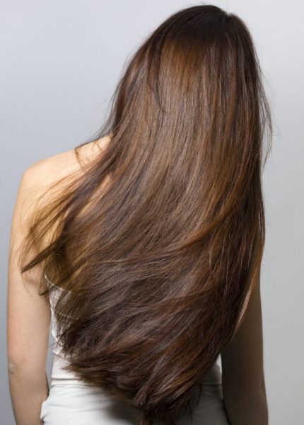 Långt glänsande brunt hår kvinna bakom toppspetsar fixar tråkigt hår viviscal hårblogg