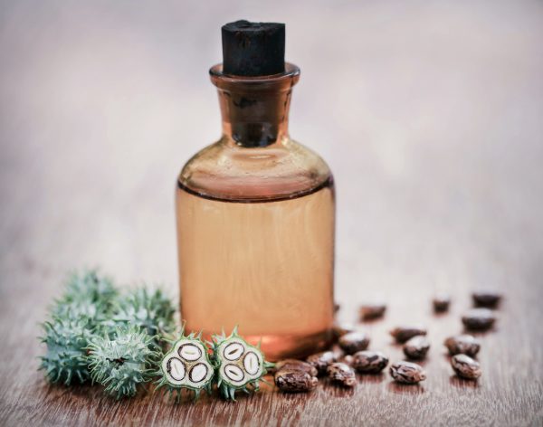 botella de aceite de ricino verde semillas de ricino secas fondo gris ¿Cuáles son los mejores aceites para el crecimiento y el grosor del cabello?  blog de cabello viviscal